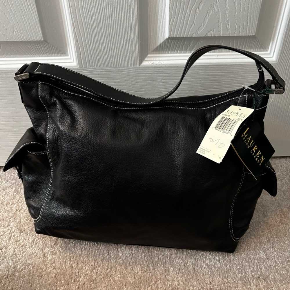 NWT Lauren Ralph Lauren vintage 2000s Y2K black leather hobo bag shoulder zip